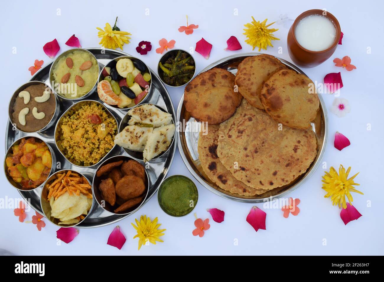 Indian Fasting cuisine Upwas food items in Thali complere meal for religious fasting Stock Photo