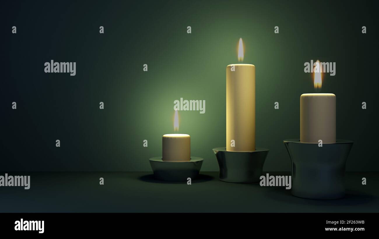 three burning candles in dark. 3d rendering Stock Photo - Alamy
