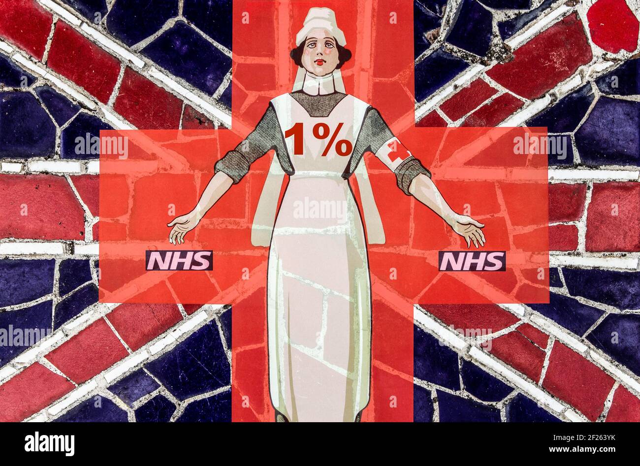 Image of nurse on Red Cross overlayed on UK flag. NHS nurses proposed 1% pay increase, nursing... concept Stock Photo