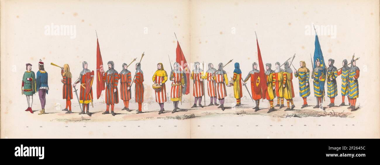 Masquerade of Leiden students, 1865 (plate 13); Coated adaptives held by the members of the Leidsche Student-Corps den 6den Junij 1865, at the celebration of the 290s birthday of the Leidsche Hoogeschool, presenting: the Intogt of Hollanders within Zierikzee under Jonker Willem, Grave van Oostervant, on the 12th August Anno 1304. Historical costumed procession of the students of Leiden Hogeschool held on June 6, 1865 on the occasion of the 290th anniversary of the university. The procession represents the entry of the Dutch within Zierikzee on August 12, 1304. Thirteenth plate with the groups Stock Photo