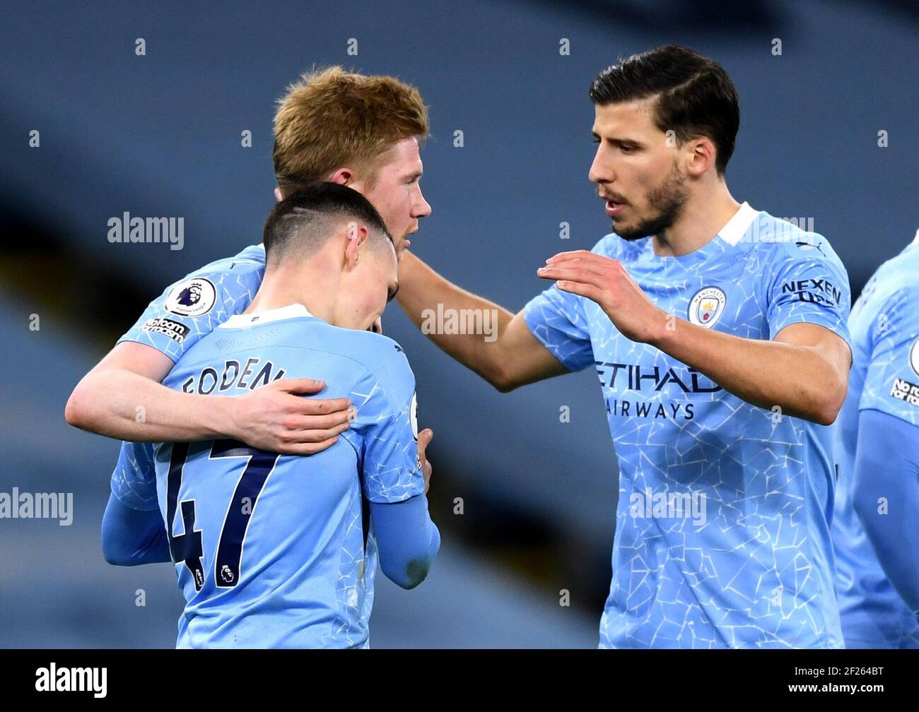Manchester City's Kevin De Bruyne celebrates scoring their side's fifth goal of the game during the Premier League match at the Etihad Stadium, Manchester. Picture date: Wednesday March 10, 2021. Stock Photo