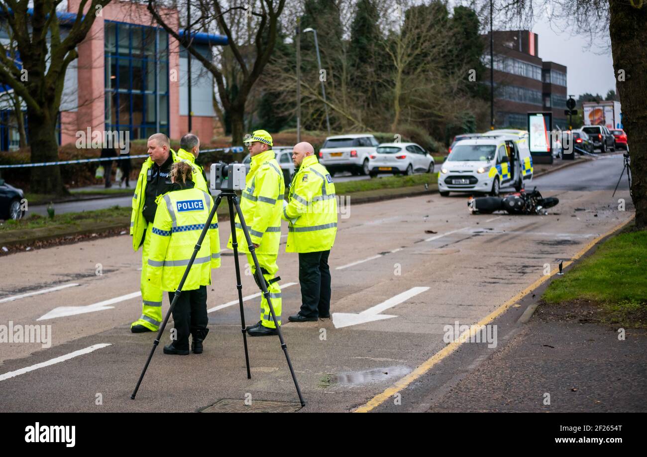 Perry Barr, Birmingham, West Midlands, UK. 10th March 2021: A man in his 50's was seriously injured after his motorbike collided with a tree shortly after midnight on Wednesday. The crash happened on the Aldridge Road section of the A34 heading out of the city towards Great Barr. Specialist collision investigator units were on scene to conduct an investigation before the bike was recovered, and the road reopened. Police are appealing for Dash Cam footage. Credit: Ryan Underwood / Alamy Live News Stock Photo