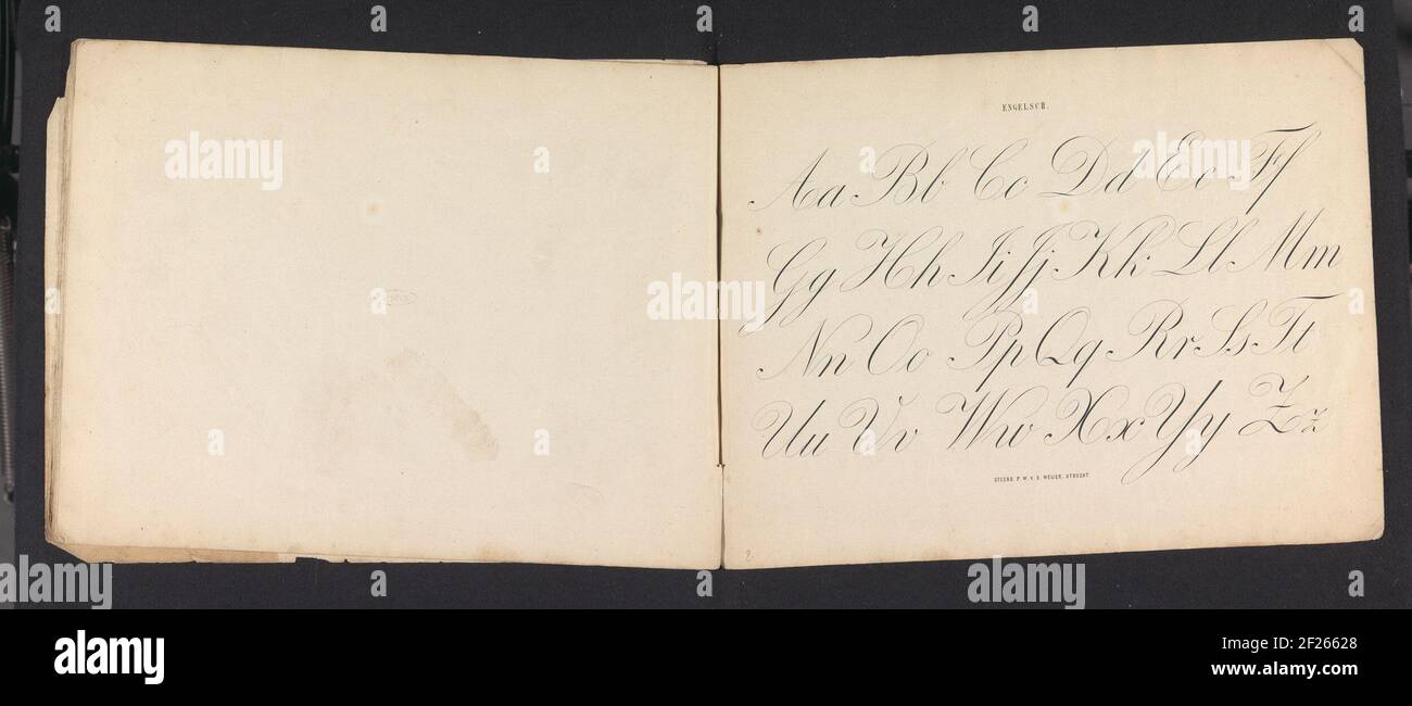Alphabet in italics; English. The print is part of an album. Stock Photo