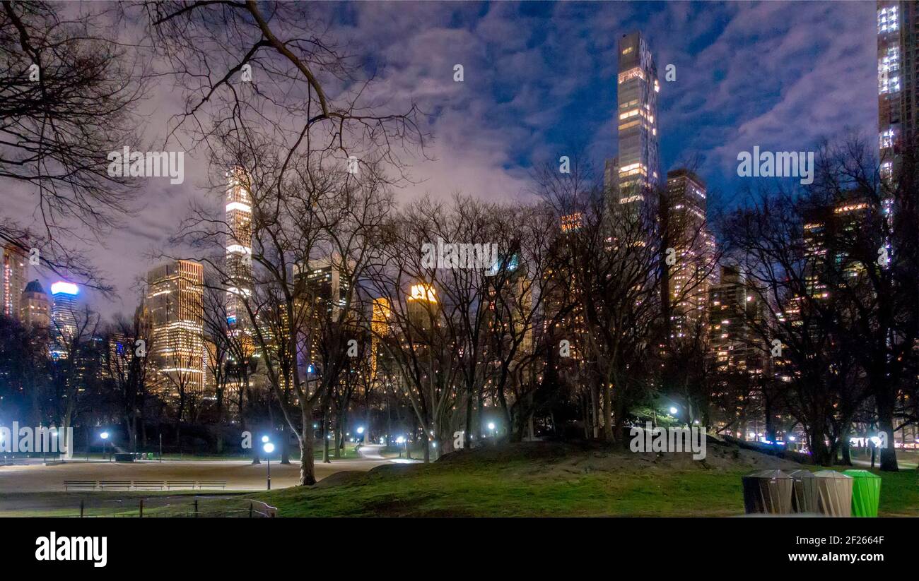 Night shot of Manhattan from Central Park, New York, USA Stock Photo