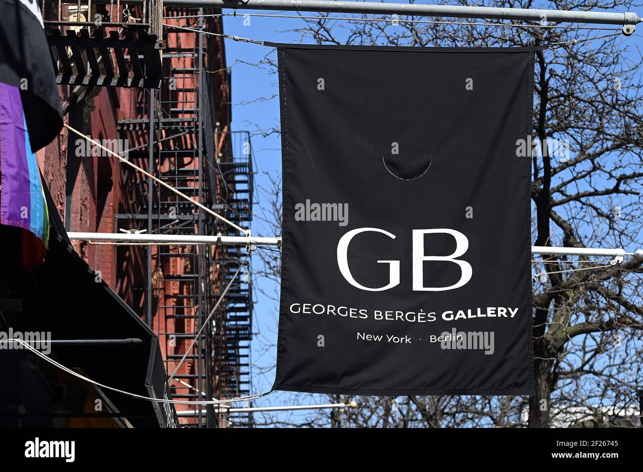 View of the Berges Gallery banner in Soho, where it has been