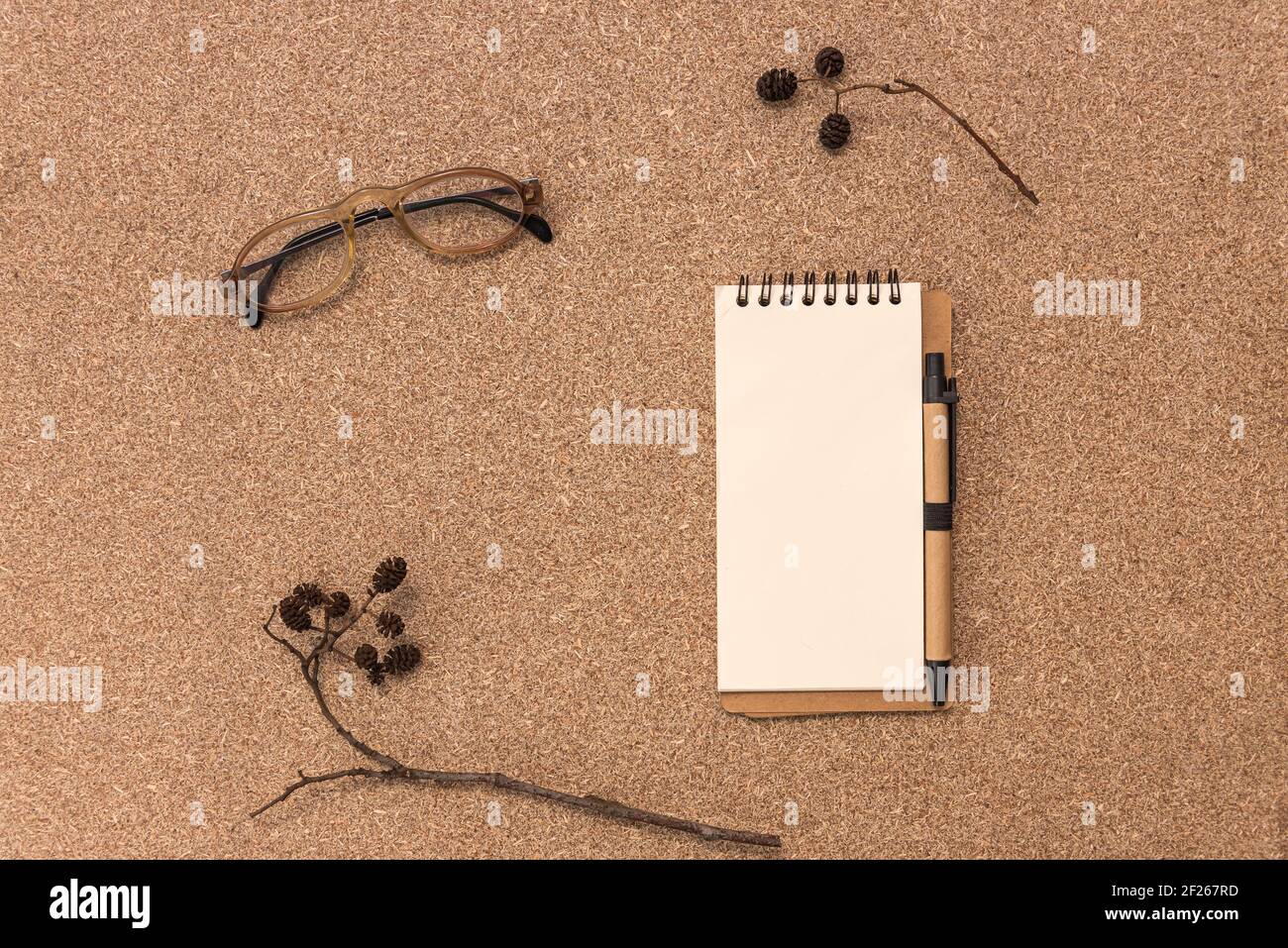 Above view of blank empty notepad, glasses on pear and dry branch on cork table.  Stock Photo
