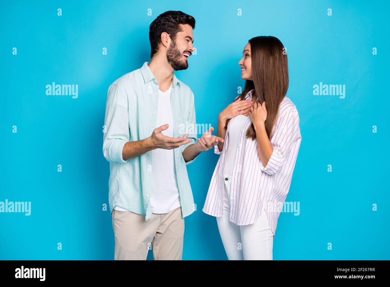 Photo of attractive man and woman married spouses have positive ...