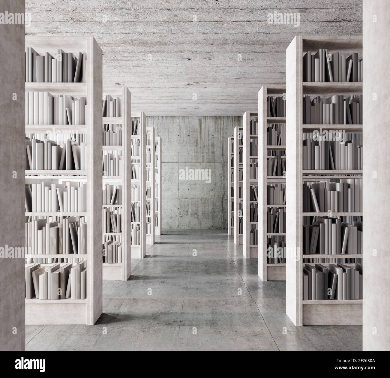 Interior design of library with white shelving full of books 3D Rendering, 3D Illustration Stock Photo