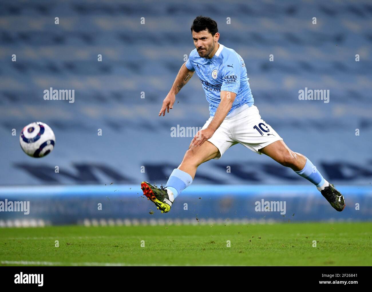 Manchester City's Sergio Aguero has a shot on goal during the Premier League match at the Etihad Stadium, Manchester. Picture date: Wednesday March 10, 2021. Stock Photo