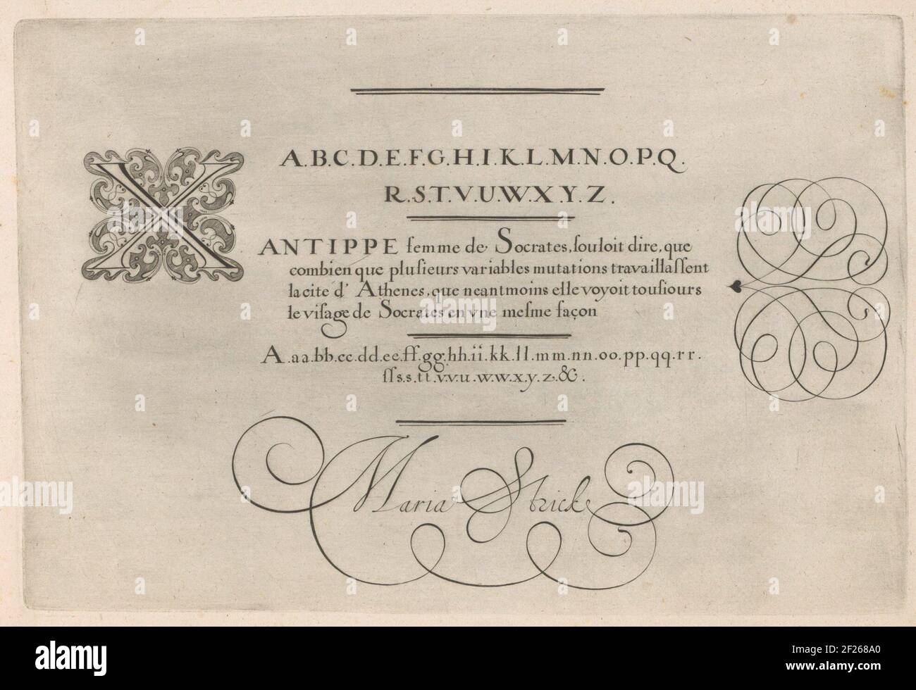 Writing Example With Capital X Treasure Oft Is Adviser And Vertehooninge Van Verschyden Writings Writing Example With Capital X And Four Lines Of Text In French Between Two Alphabets Xantippe Femme