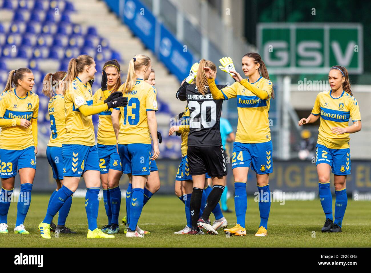 Brondby, Denmark. 10th Mar, 2021. Players of Brondby IF greeting eachother  before the UEFA Women's Champions League match between Brondby IF and  Olympique Lyon at Brondby Stadion in Broendby, Denmark. (Photo Credit: