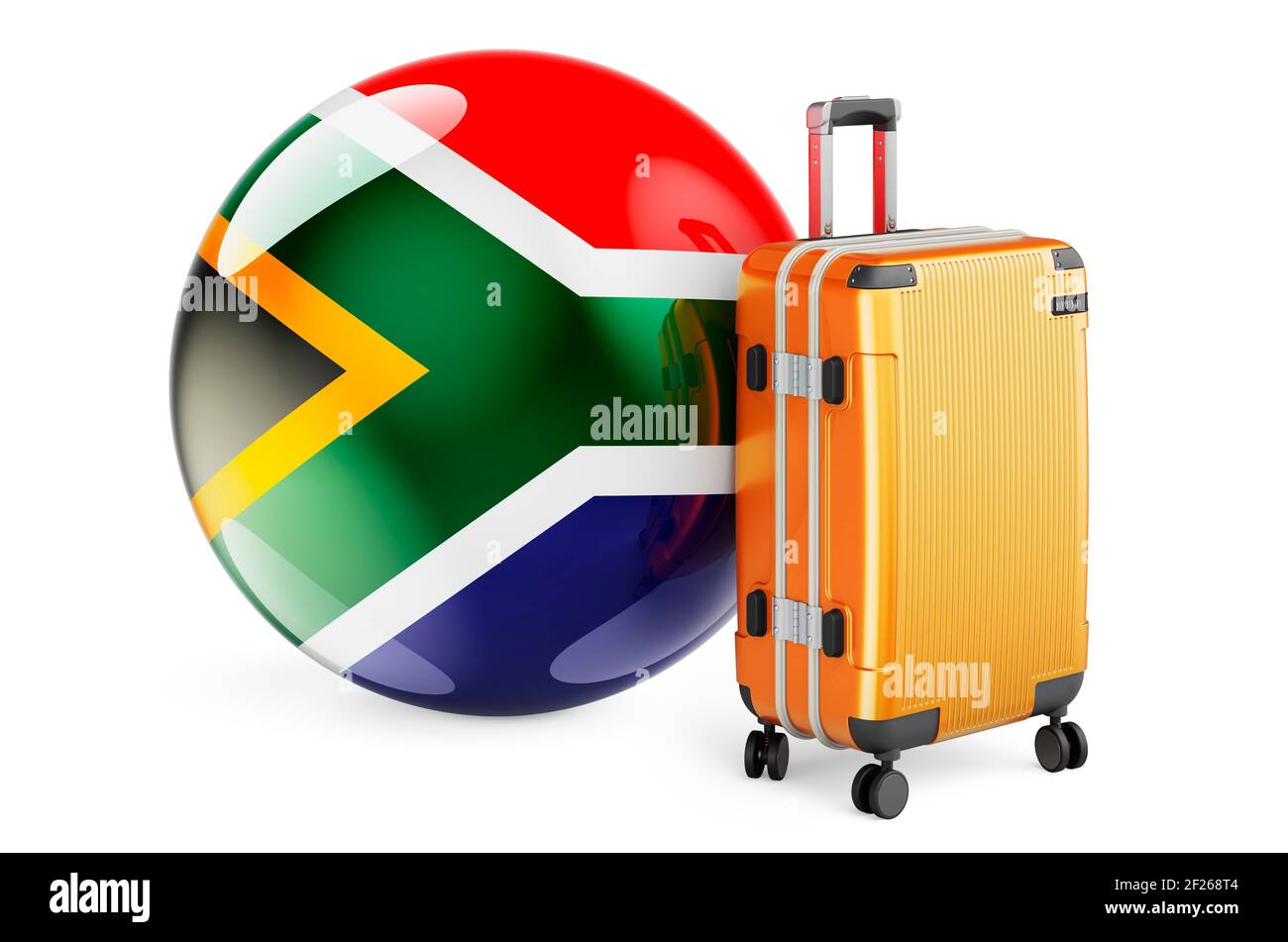 Suitcase with South African flag. South Africa travel concept, 3D