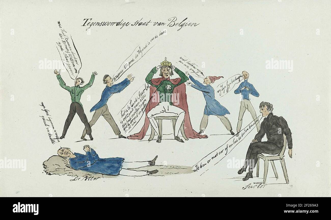 Spotprent op de wanhopige staat van België, 1831; Tegenswoordige staat van België.Cartoon at the desperate state of Belgium after the losses in the ten-day campaign in August 1831. The Belgian king Leopold I is desperate on his throne and grabs to his throne. Left in the foreground is the Potter, the Baron Surlet is the chokier in a chair. Stock Photo