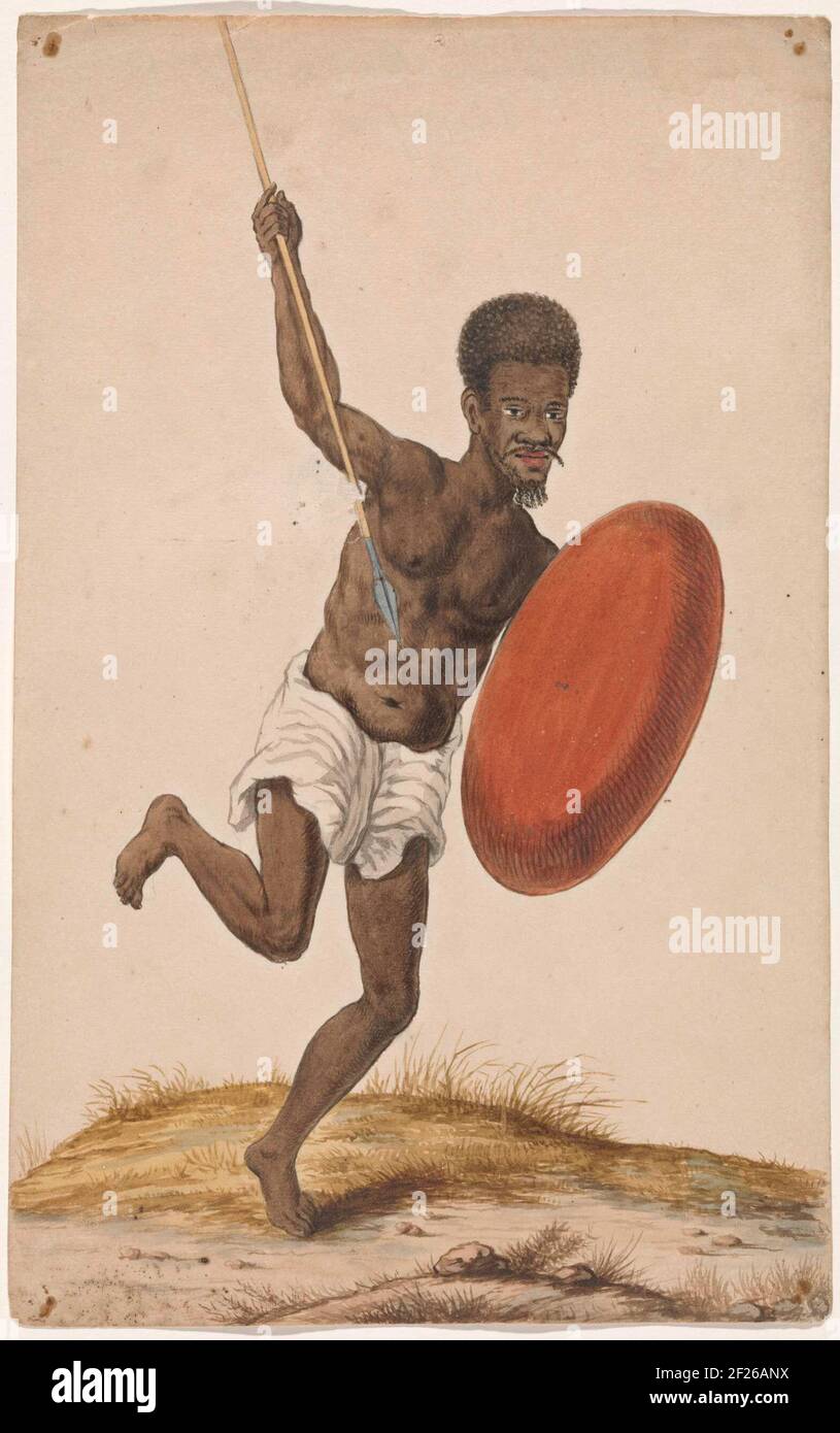 Malagassische krijger met assegai en schild.Black warrior in a white leather cloth. He is wearing an assegaa (spear) and a red shield. Stock Photo