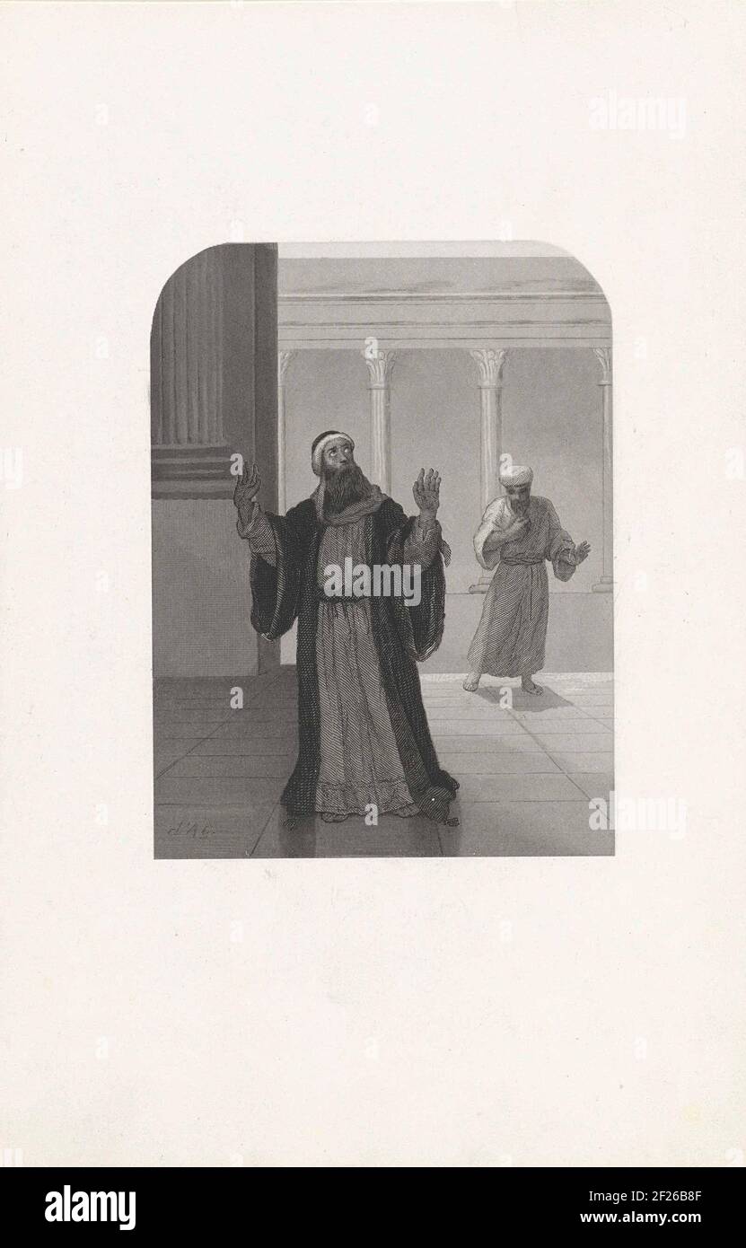 Biddende mannen.In Man in Arab clothing stands in a courtyard surrounded by a columnisophag. He raises his eyes and hands. A second man behind him, also with turban and also in respectful attitude. Stock Photo
