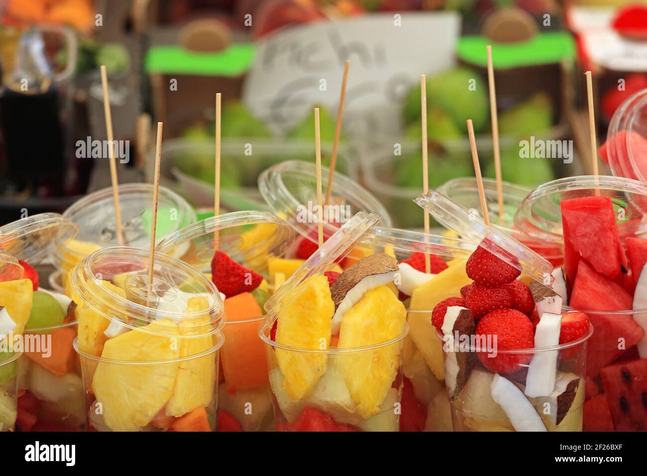 Cutted Fresh Fruits in Plastic Cups Stock Photo Alamy