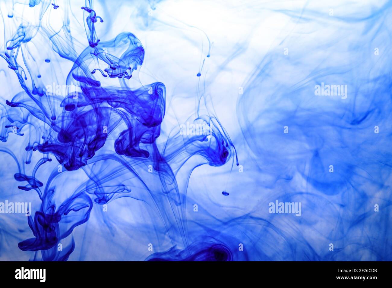 Blue ink injected into water from syringe, colour mixing with water ...