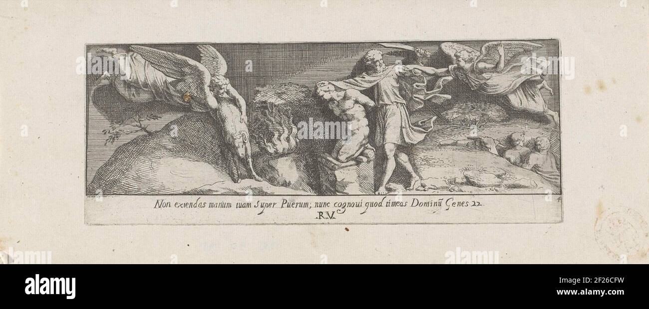 Offer van Isaak; Non extendas manum tuam super Puerum; nunc cognovi quod timeas Dominu; Verloren gegane schilderderingen in de Vaticaanse Loggia.Isaac is sacrificed by Abraham. On the right an angel who retains Abraham. On the left an angel with a goat. The buck will be sacrificed instead of Isaak. Title and reference to Bible text in Lower margin. Numbered at the bottom right: 4. Stock Photo