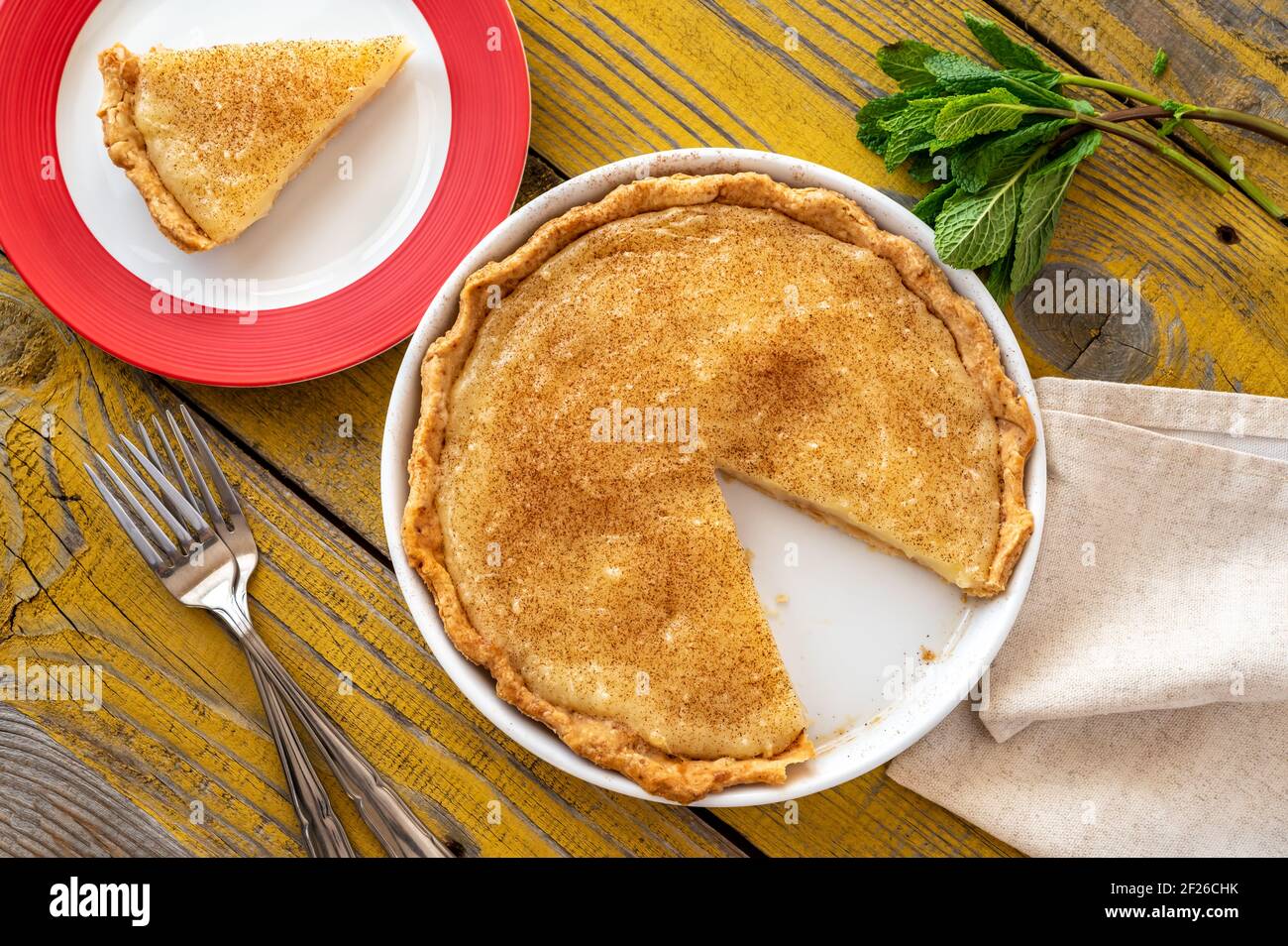 Indiana Sugar Cream Pie on the wooden background Stock Photo