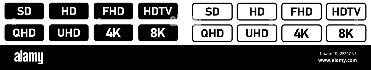 Set of simple black and white video or display resolution icons - text in small rounded rectangle Stock Vector