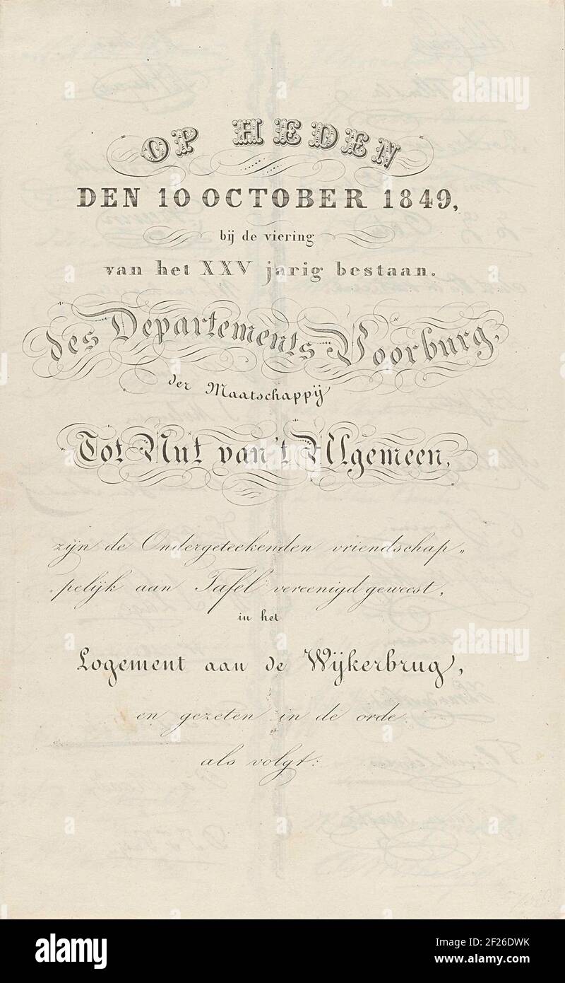 Name list at the celebration of the 25th anniversary of the Department of  Voorburg from society to the utility of 't General, 1849.name List at the  Celebration in the Logment to the