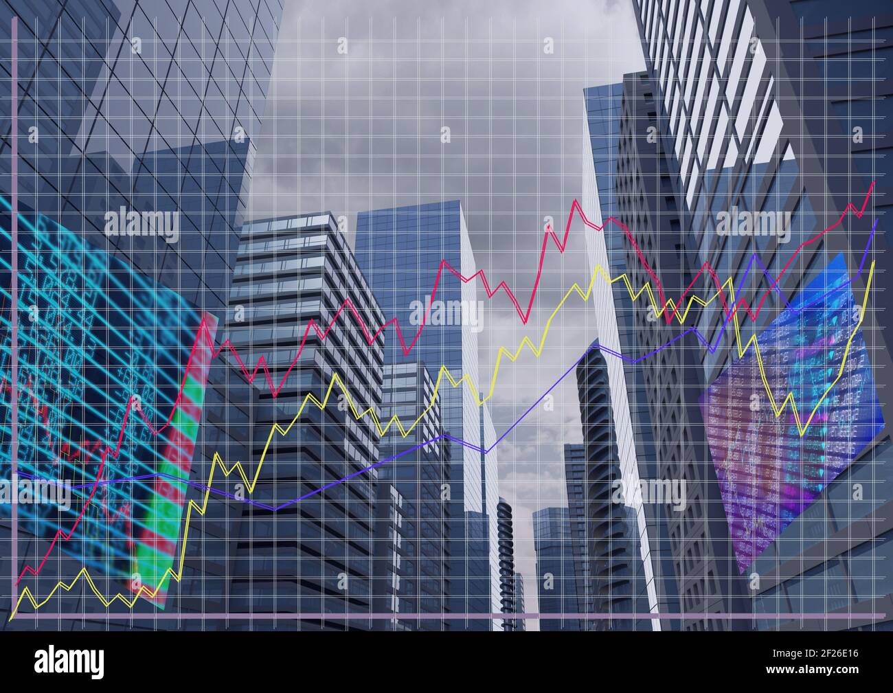 Multiple graphs over stock market data processing against tall buildings Stock Photo
