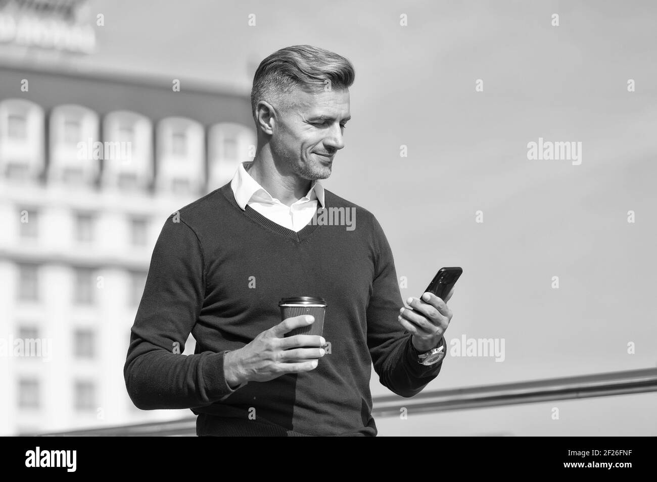 Telephone marketing. Marketing manager talk on phone drinking coffee  outdoors. Direct marketing. Sales and marketing. Digital advertising and  promotion. Business communication. New technology Stock Photo - Alamy