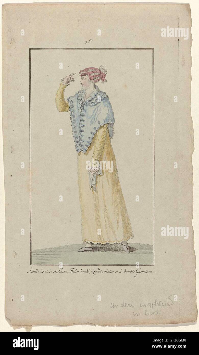Elegantia, of tijdschrift van mode, luxe en smaak voor dames, Februari 1808, No. 36 : Résille de soie et Lain (...).According to the description in the magazine (p. 64): 'Grand Négligé'. 'Résille' (Hairnet) from silk and wool. Embroidered Fichu with precipitated collar and double garnishes. Print from the fashion magazine Elegantia, or magazine of fashion, luxury and taste for women 1807-1814 (interrupted by the period 1811-1813). Stock Photo