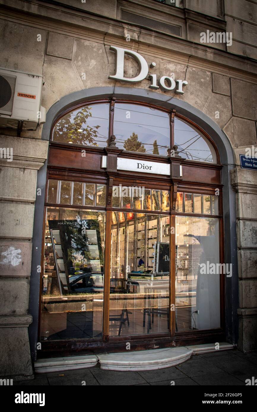 2019-00702019 Tbilisi Georgia - Window of Dior store  with reflections and view of counter and shelves inside Stock Photo