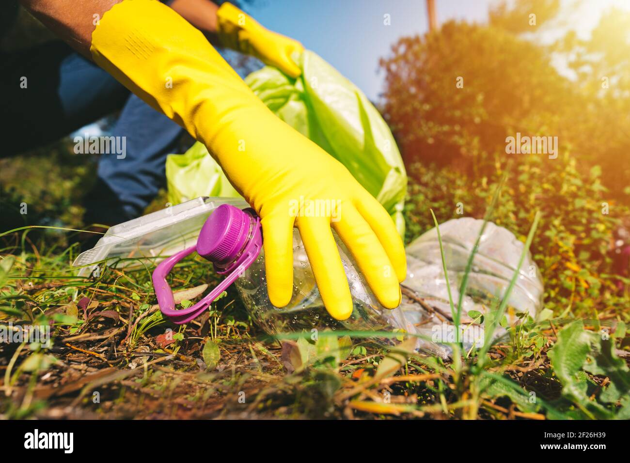Volunteer in gloves collecting garbage in trash bag outdoors on a sunny ...