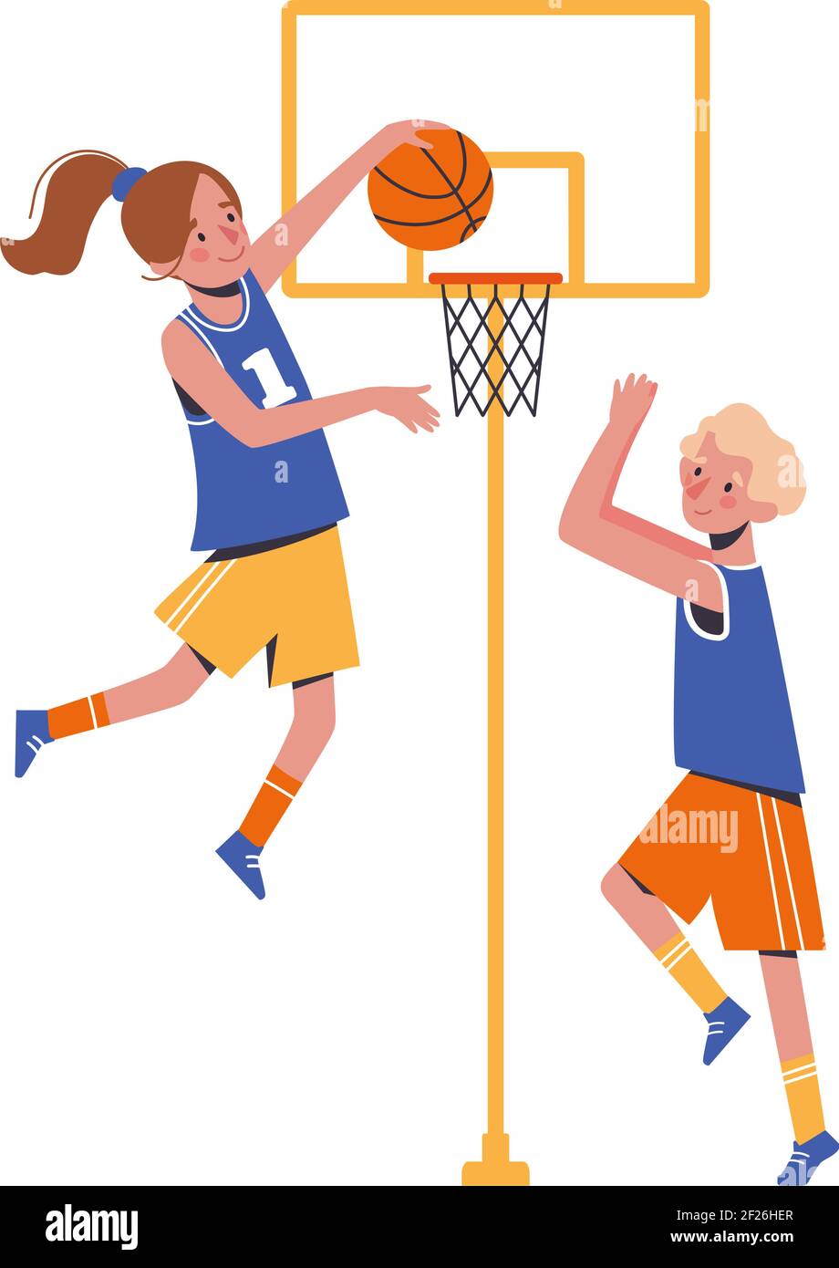 Childrens sports basketball. Flat design concept with funny kids playing ball. Vector illustration of boys and girls, set isolated on white background. Stock Vector
