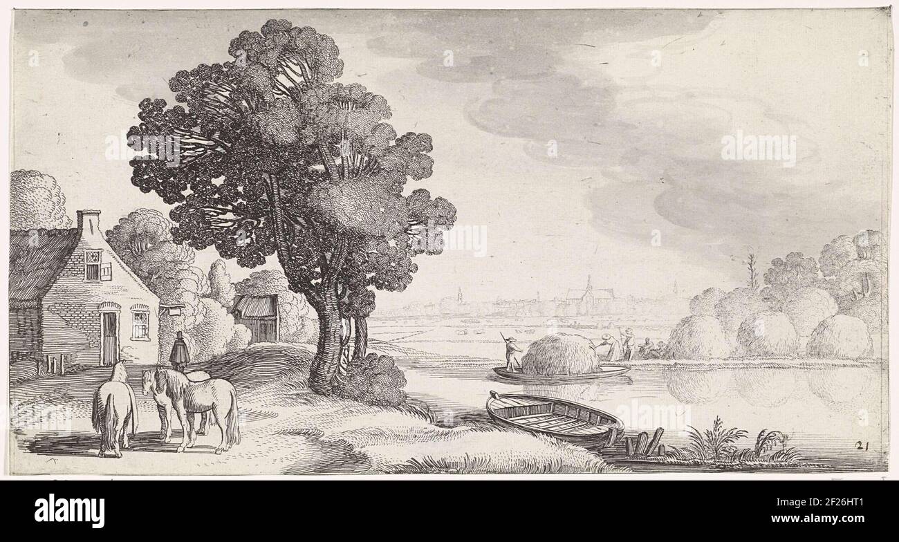 Transport of hay on a river. On the water a hay sprout and on the shore figures at three haystacks. On the left a house and a figure and three horses on a path. On the Horizon Haarlem including the Sint-Bavo church. Twenty-sixth print of a series with 36 prints of landscapes, divided into six parts. Stock Photo