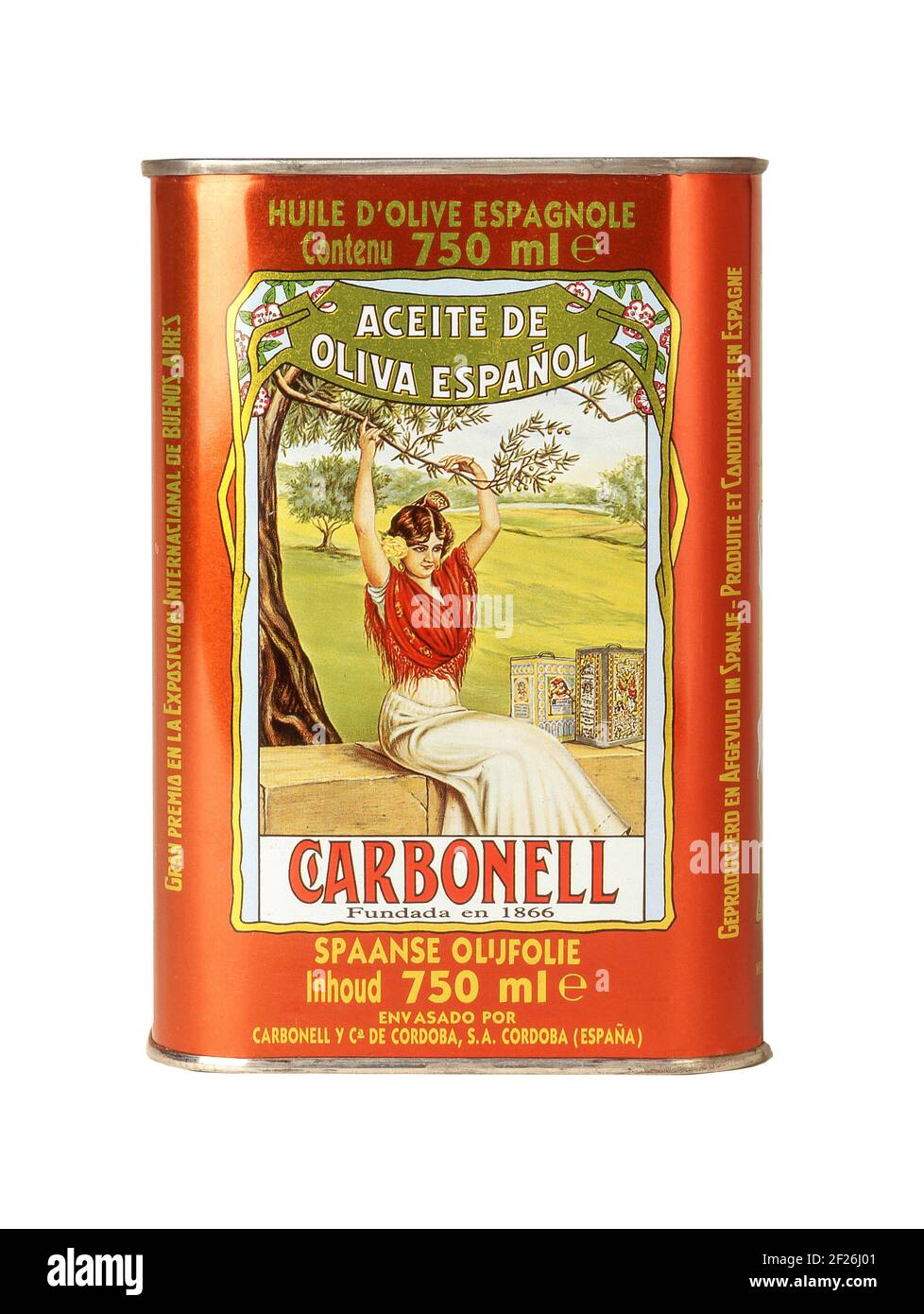 Tin of Spanish 'Carbonelle' olive oil, Costa del Sol, Malaga Province, Andalucia, Spain Stock Photo