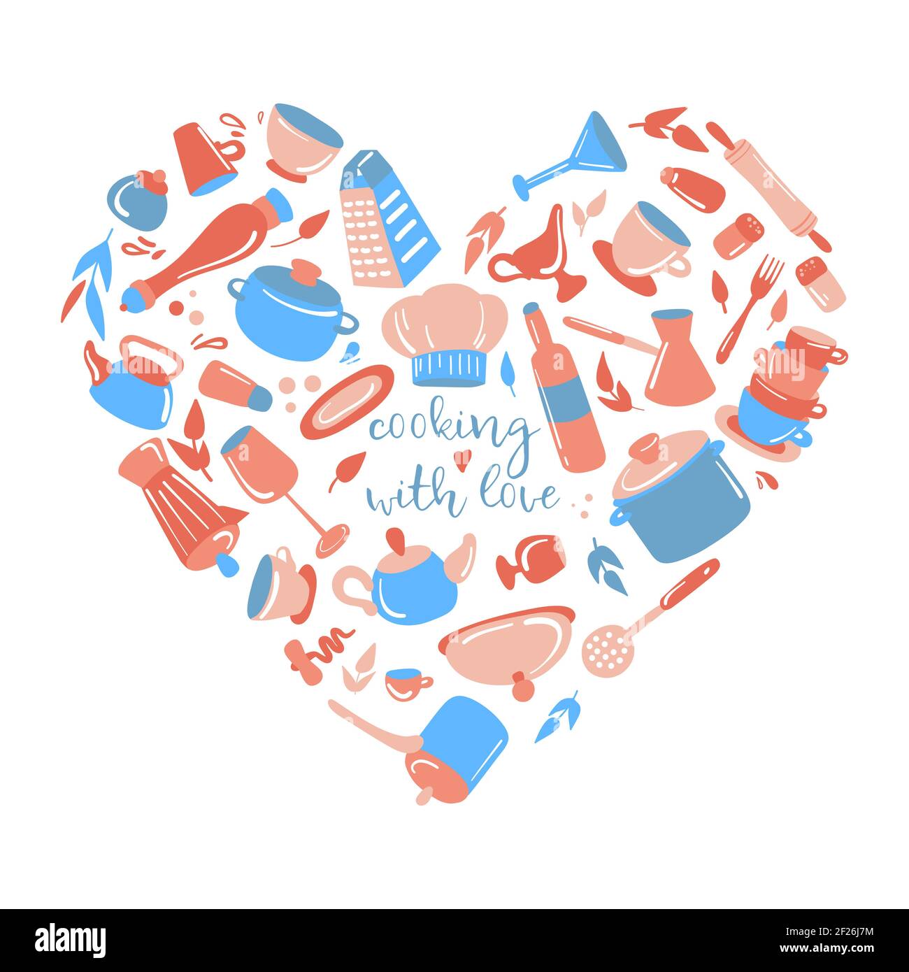 Cooking with love. Flat hand drawn vector illustration of kitcen utensils in pink and blue colors. Heart shape. Cute female collection of kitchen tool Stock Vector