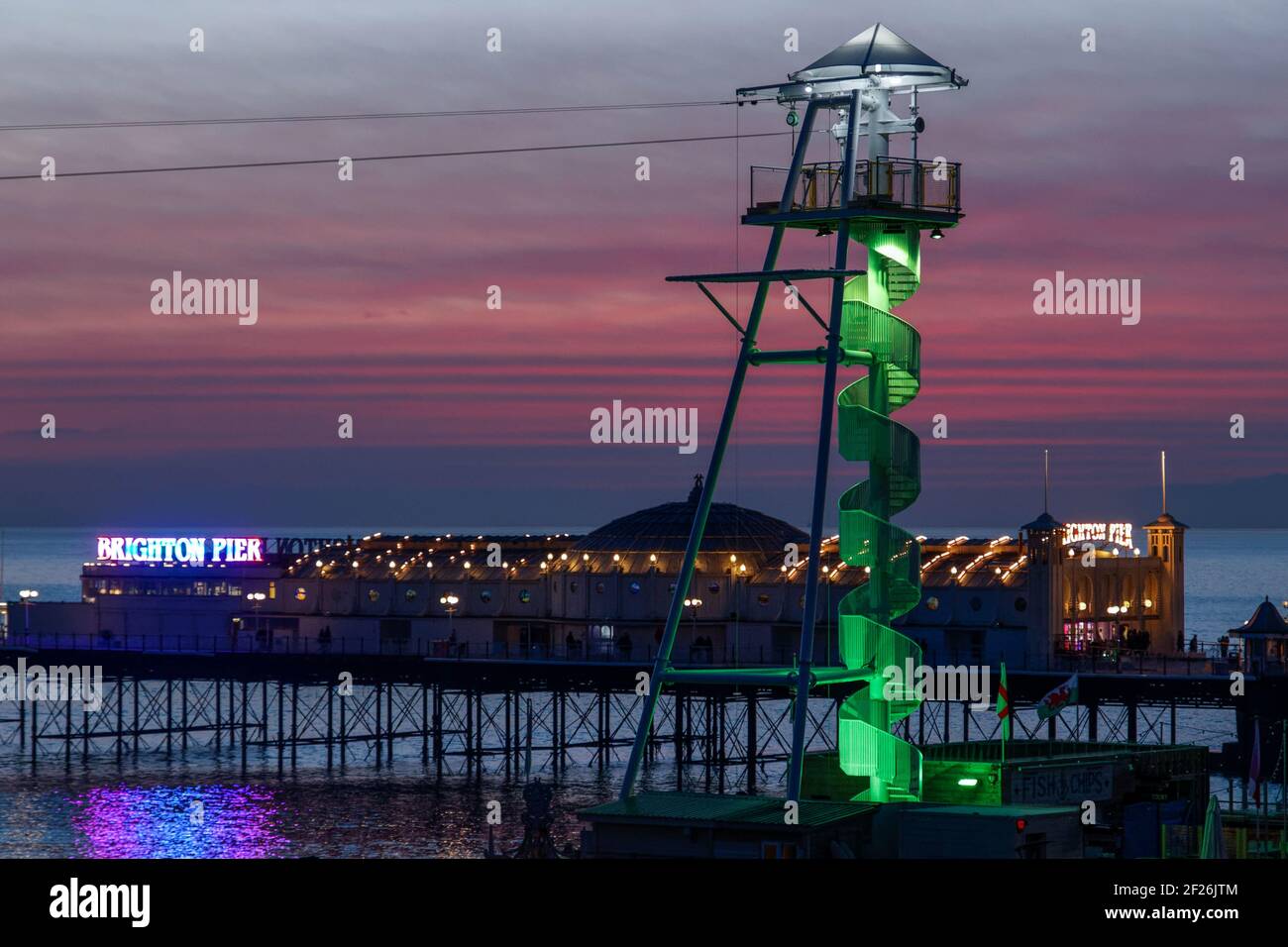 BRIGHTON, EAST SUSSEX/UK - JANUARY 26 : View of  the Zip Wire next to the Pier in Brighton East Sussex on January 26, 2018. Unid Stock Photo