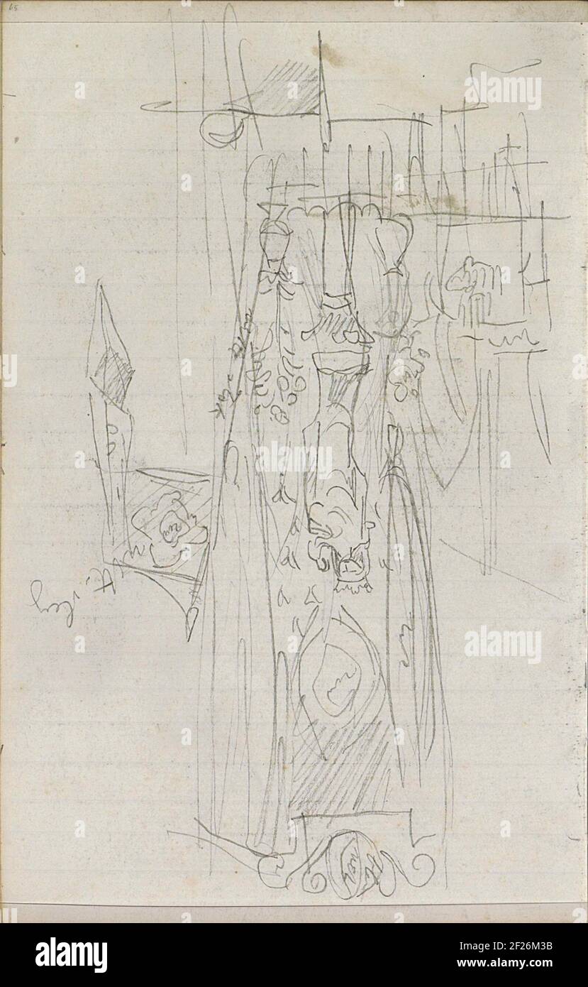 Image of the Crowned Virgin Mary with Christ on the arm in Notre Dame, Paris.Page 65 from a Sketchbook with 68 sheets. Stock Photo