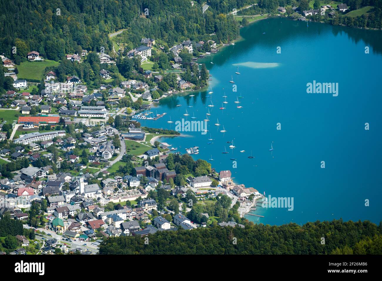 View from Zwolferhorn Mountain down to St Gilgen Stock Photo