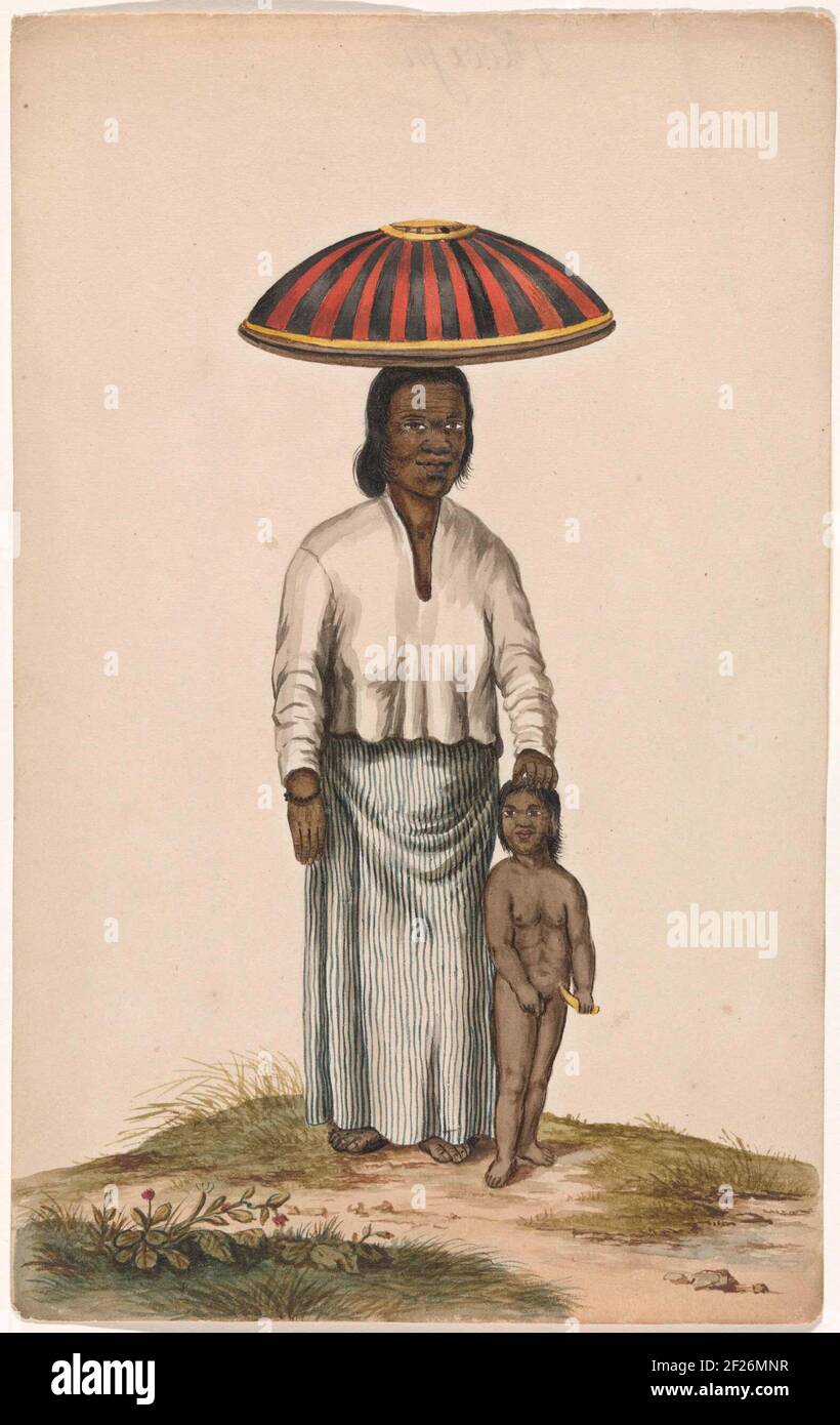 Vrouw met kind en spijsdeksel.Javanese woman with child and on her head a lifting lid to cover food with food Stock Photo