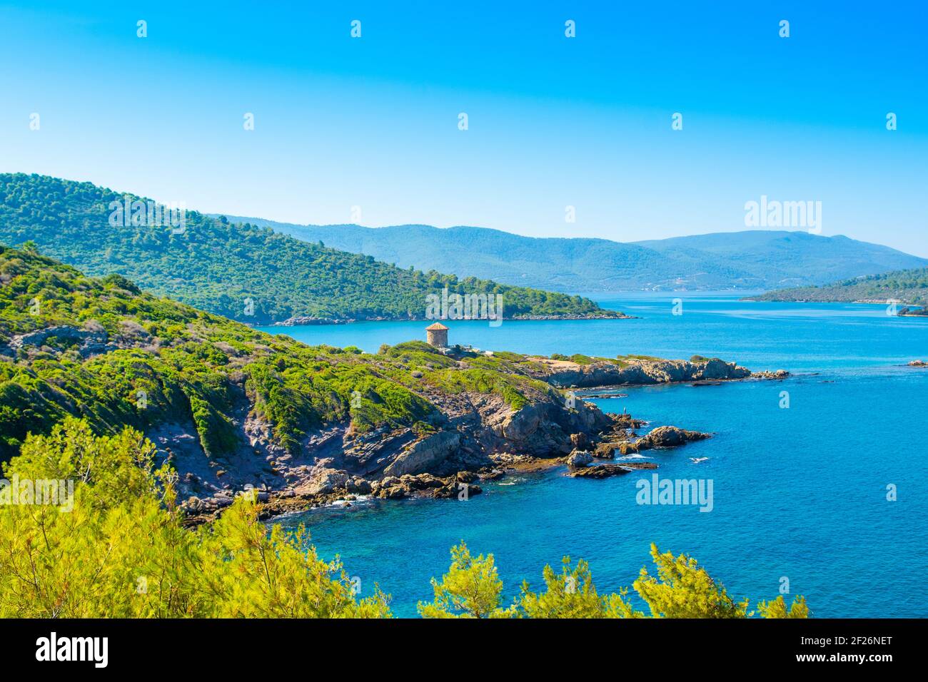Beautiful Mediterranean landscape with Aegean sea and green hills in Bodrum, Turkey Stock Photo