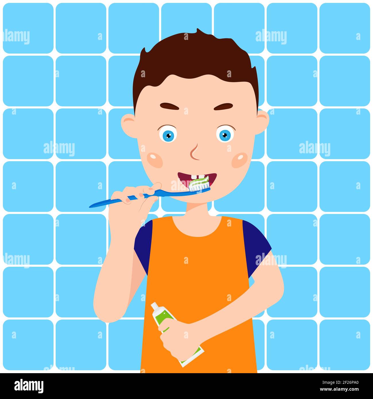 Little boy brushing teeth, kids oral hygiene. Vector illustration. Stock Vector