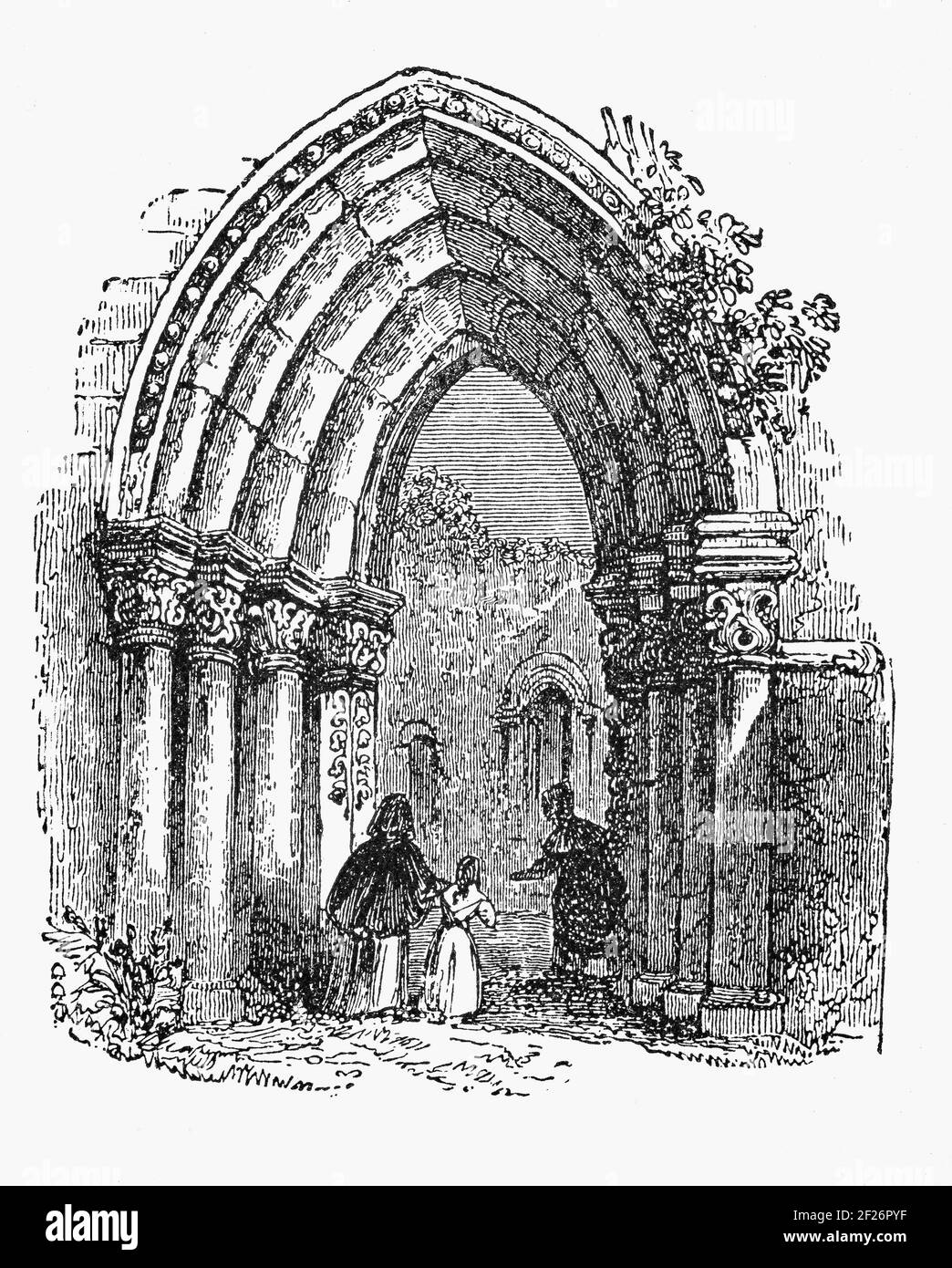 A 19th Century illustration of the Romanesque archway at Cong Abbey, also known as the Royal Abbey of Cong, in County Mayo, Ireland. The former Augustinian abbey, was one of the earliest Augustinian settlements and mostly dates to the 13th century. Stock Photo