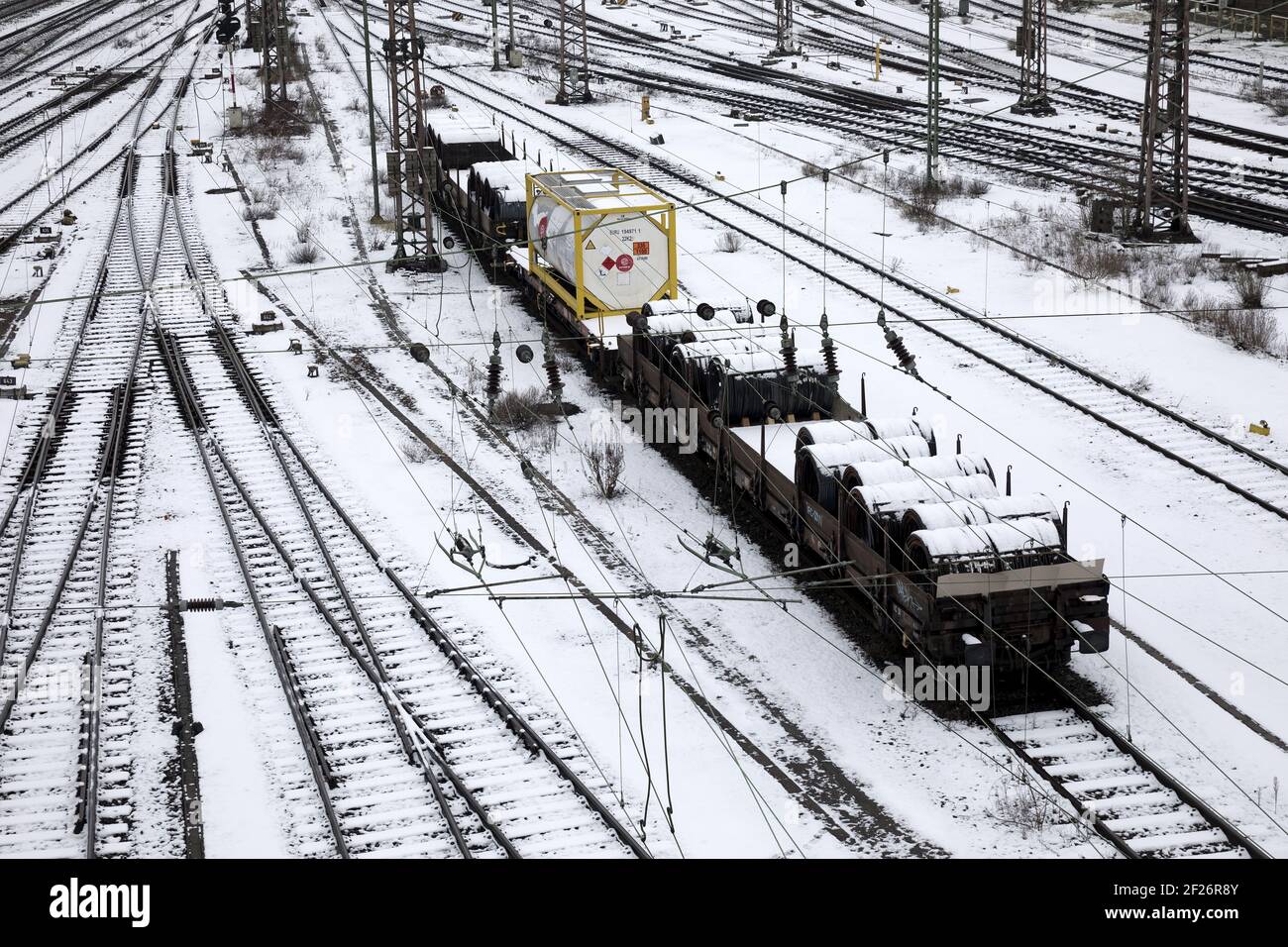 Train formation system in the Vorhalle district in winter, freight trains, Hagen, Germany, Europe Stock Photo