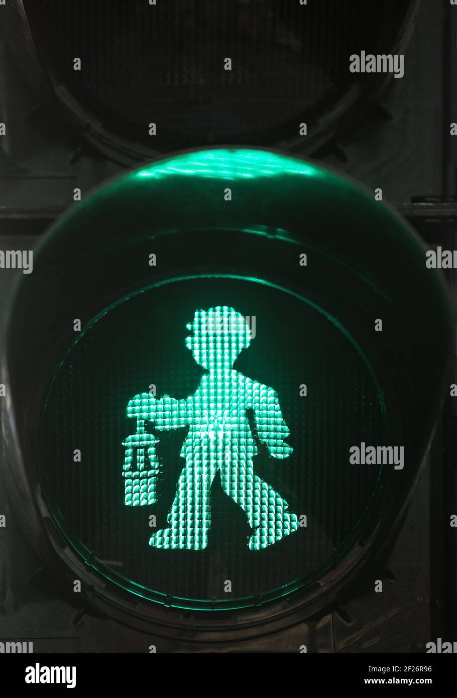 Green pedestrian traffic light male as miner with miner's lamp, Castrop-Rauxel, Germany, Europe Stock Photo