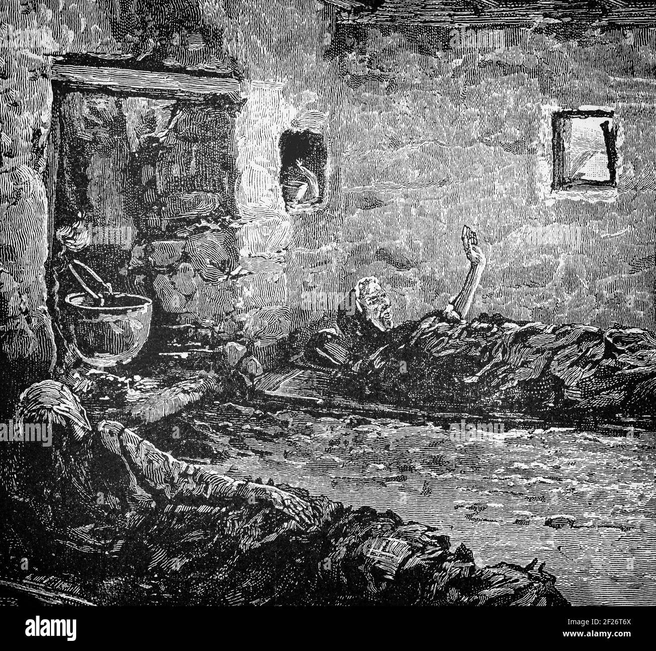 A 19th Century illustration of an old Irish woman in her Connemara cottage in County Galway, dying from starvation during the Great Famine, a period of mass starvation and disease in Ireland from 1845 to 1852 in which about 1 million people died and more than a million fled the country. The main cause was a blight that infected potato crops. It's effects were exacerbated by single-crop dependence, absentee landlordism and the British Whig government's policy of laissez-faire capitalism. Stock Photo