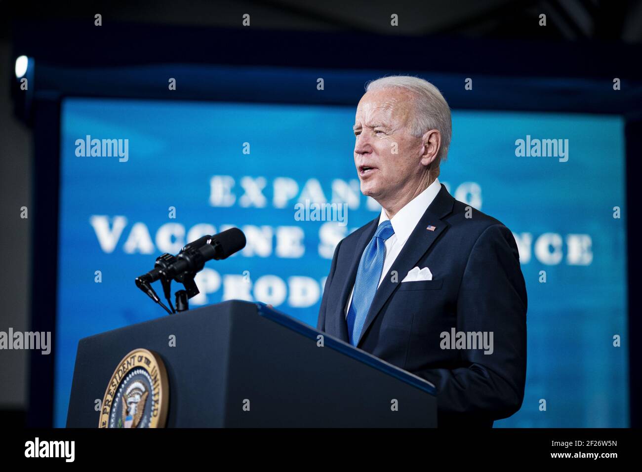 Washington, United States. 10th Mar, 2021. U.S. President Joe Biden speaks during an event in the Eisenhower Executive Office Building in Washington, DC on Wednesday, March 10, 2021. Biden will double the U.S. order of Johnson & Johnson's one-shot vaccine, seeking another 100 million doses, bringing bringing the country's total vaccine supply to enough for 500 million people. Photo by Al Drago/UPI Credit: UPI/Alamy Live News Stock Photo