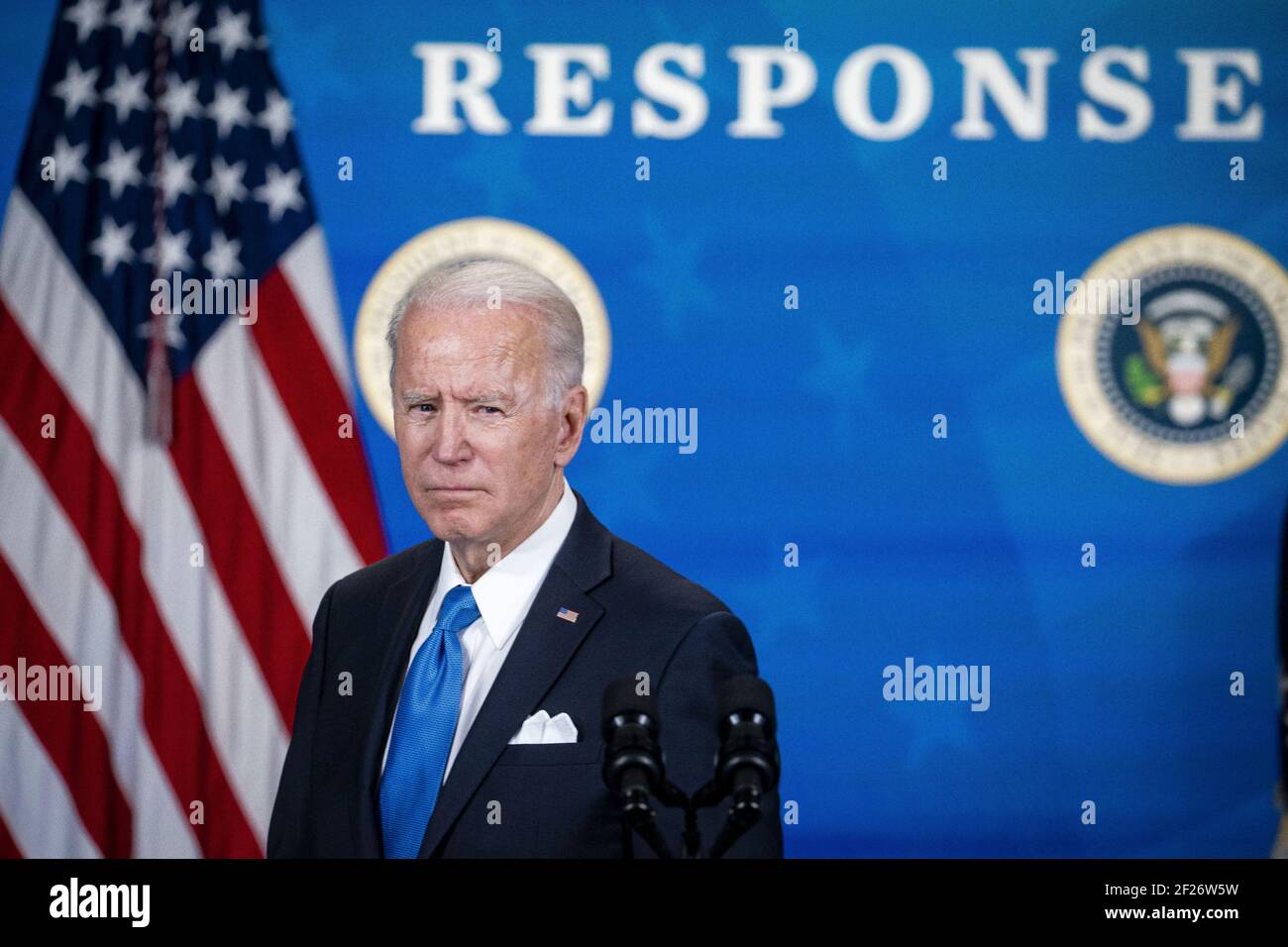 Washington, United States. 10th Mar, 2021. U.S. President Joe Biden speaks during an event in the Eisenhower Executive Office Building in Washington, DC on Wednesday, March 10, 2021. Biden will double the U.S. order of Johnson & Johnson's one-shot vaccine, seeking another 100 million doses, bringing bringing the country's total vaccine supply to enough for 500 million people. Photo by Al Drago/UPI Credit: UPI/Alamy Live News Stock Photo