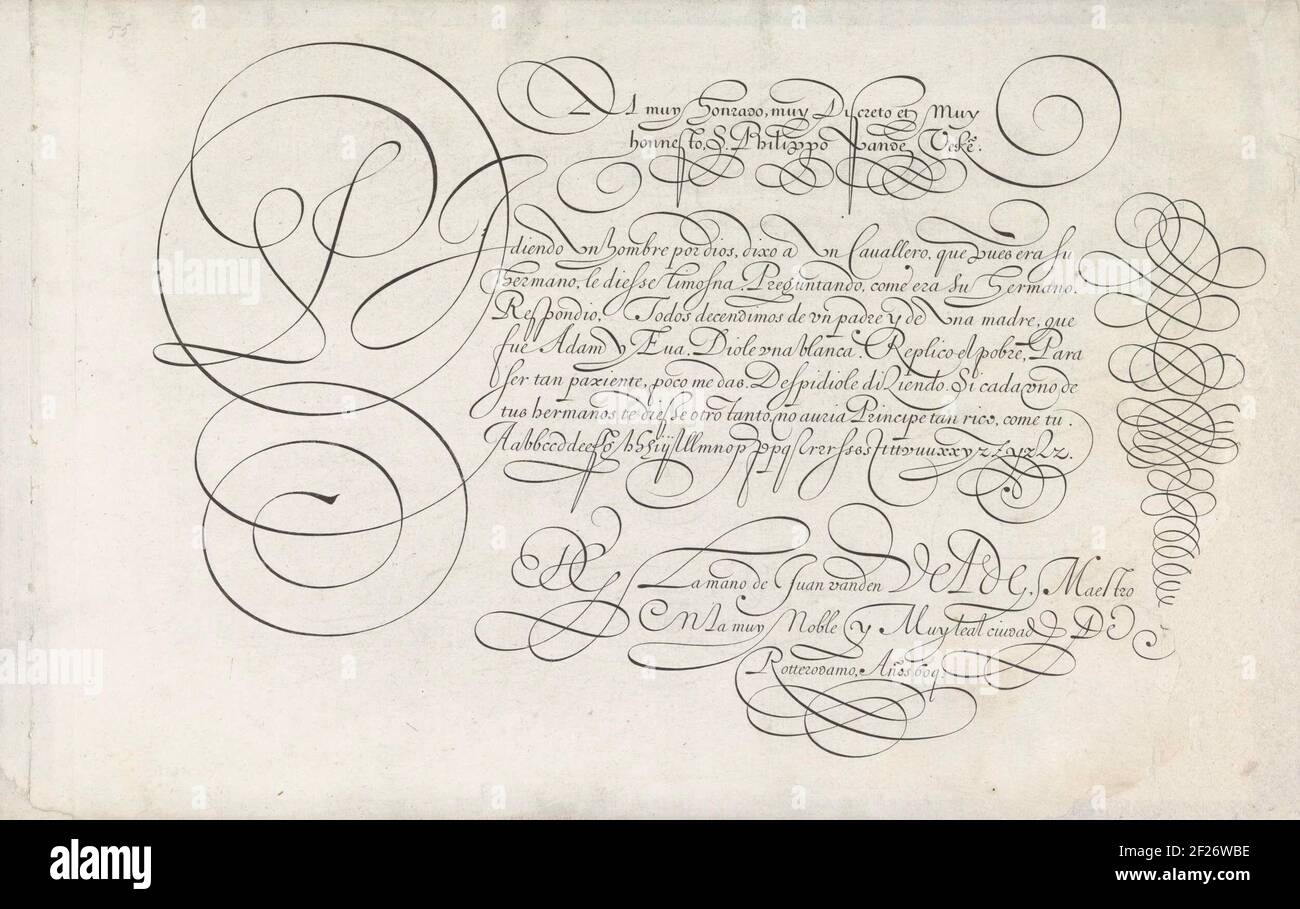 Schrijfvoorbeeld: Al muy honrado; Spieghel der schrijfkonste.Write example with the preamble: Al Muy Honrado, Muy Discreto et Muy Honnesto, S. Philippo Vande Veke (N). Below seven rules text in Spanish: Pidiendo un hombre ... The text ends with a bottom cupboard alphabet in the same hand and is signed: DG La Mano de Juan Vanden Velde ... Right curl. The print is part of an album. Stock Photo