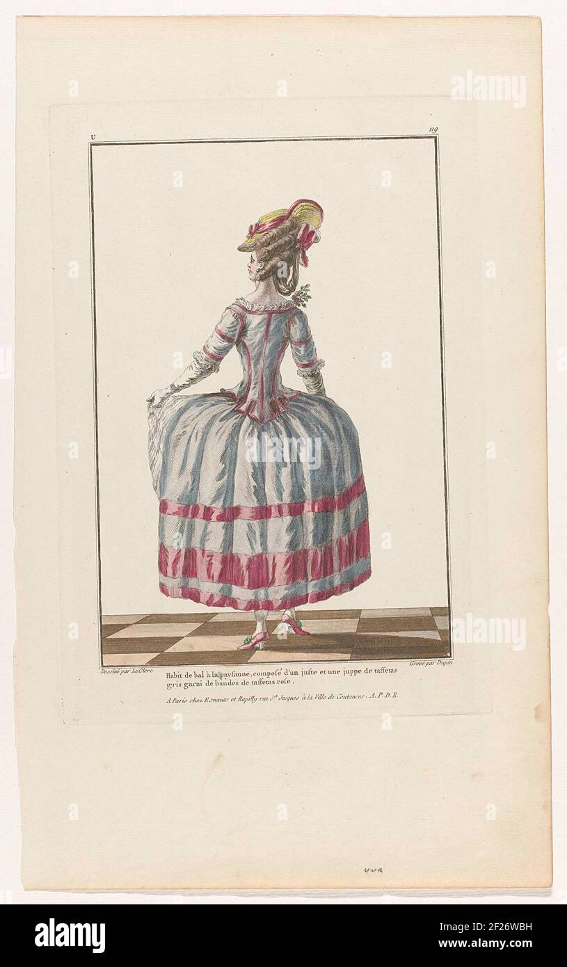 Gallerie des Modes et Costumes Français, 1779, U 119: Habit the ball (...).  Woman, on the back, dressed in a 'habit the ball à la paysanne', consisting  of a bodice and skirt