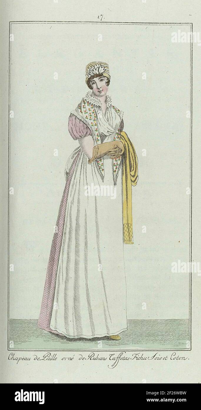 Elegantia, of tijdschrift van mode, luxe en smaak voor dames, Juli 1807,  No. 17: Chapeau de Paille....According to the accompanying text (p. 232):  Jap of 'Petite Toile'. Apron of mousseline mesh. Silk