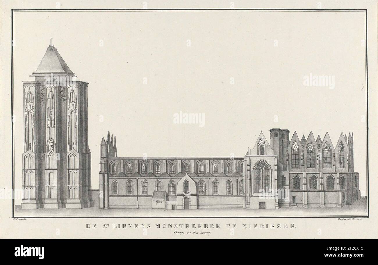 Ruin of the Sint-Lievensmonsterkerk in Zierikzee, after the fire of 1832; The St Lievens Monsterkerk in Zierikzee, daily after the Brand.view of the Building of the Sint-Lievensmonsterkerk in Zierikzee, After The Fire of October 6, 1832. On The Left The Tower That Has Remained intact, Right the Destroyed Church Building. Stock Photo